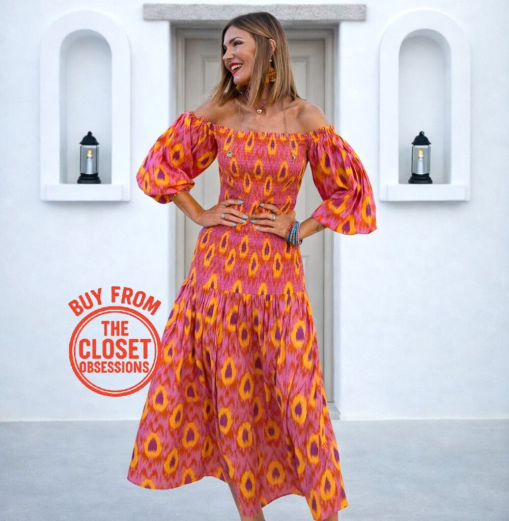 Zara NWT Off Shoulder Smocked Cotton Maxi Dress Pink Orange Resort Vacation